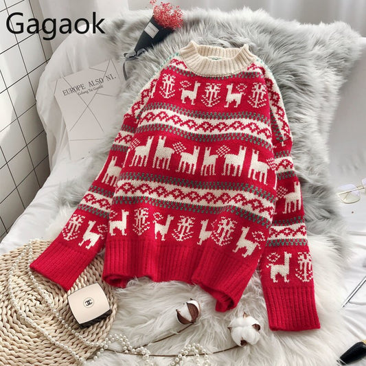 Women Knitted Christmas Sweater Autumn Winter New Loose Harajuku O-Neck Full Warm Wild Female Korean Version Pullover