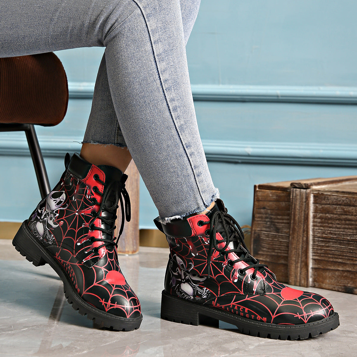 Printed short boots for women, round toe, thick heel, lace up, European and American Martin boots by eprolo