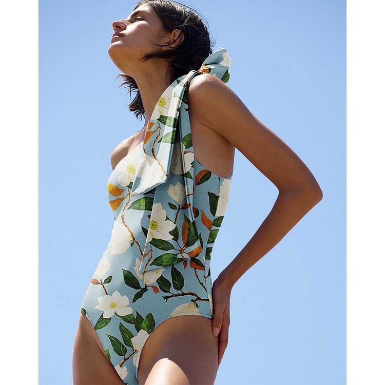 Chic Off-Shoulder Bow Tie Strap One-Piece Swimsuit Set for Women by eprolo
