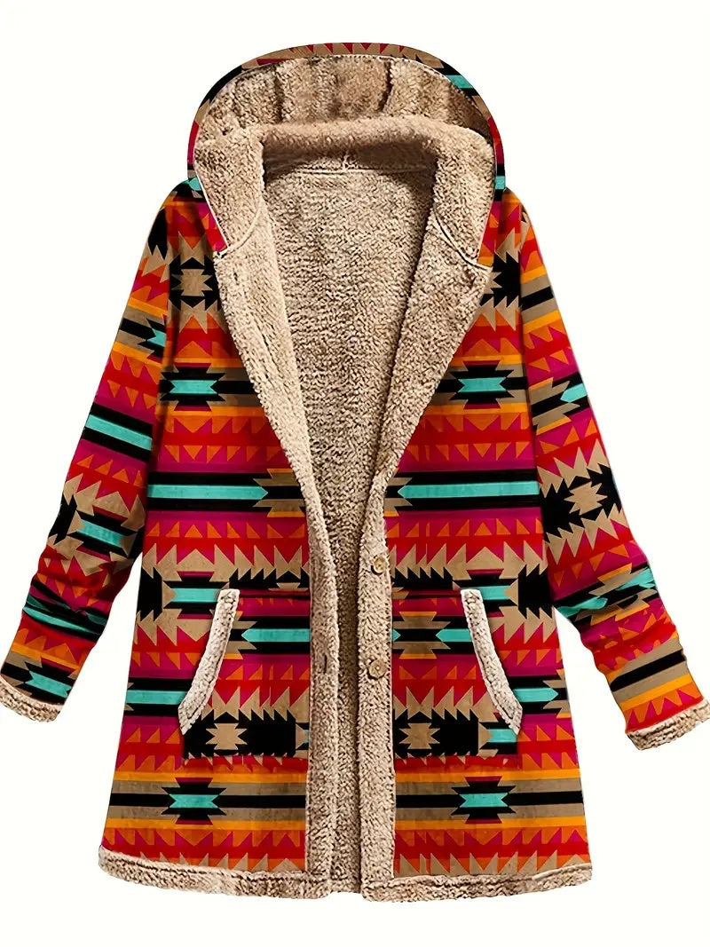 Cotton And Linen Printed Hoodie Warm Plush Coat by DERILUJA LLC