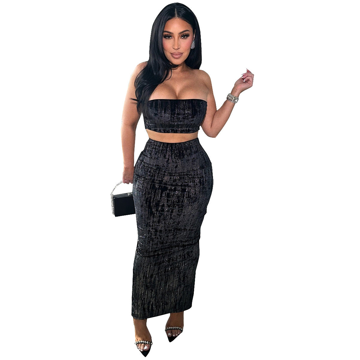 Open navel shiny silk strapless skirt set for women by eprolo