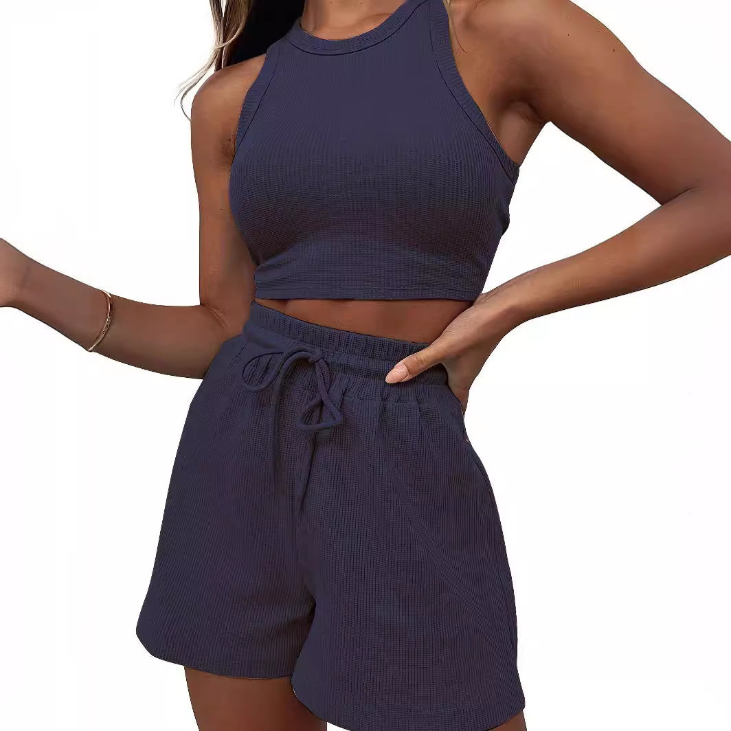 Casual Solid Color Sleeveless Waffle Knit Short Crop Top 2-Piece Set Women's Fashion Outfit by eprolo