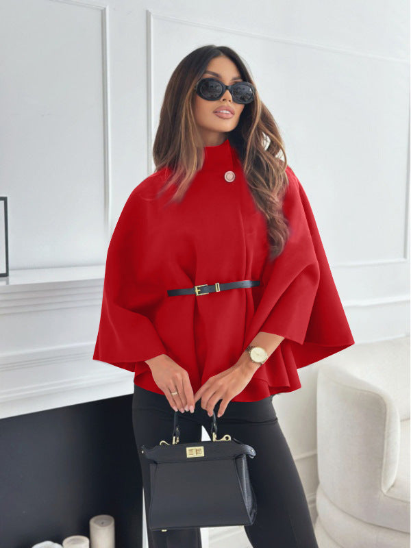 Stand Collar Batwing Sleeves Cloak Top With Belt Ins Fashion Temperament Jacket Woolen Sweater Outwear For Women Clothing by DERILUJA LLC