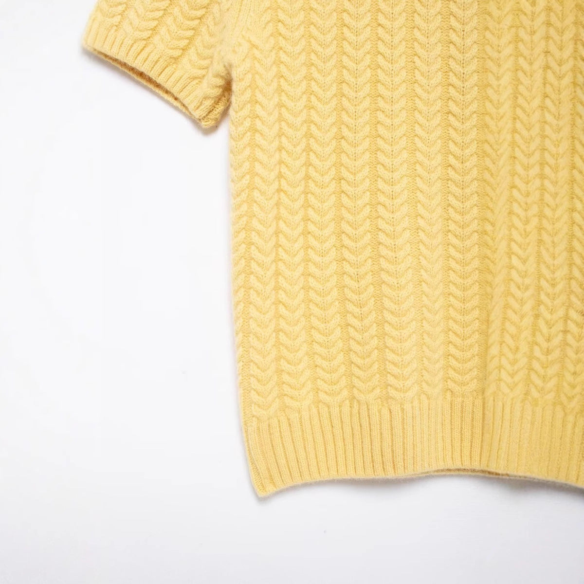 Stylish round neck short sleeved eight strand braided yellow knitted sweater for women by eprolo