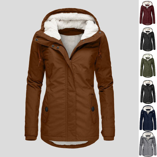 Winter Hooded Jacket Solid Color Warm Buckle Zip-up Fleece Jacket With Pockets Women's Casual Jacket by My Store