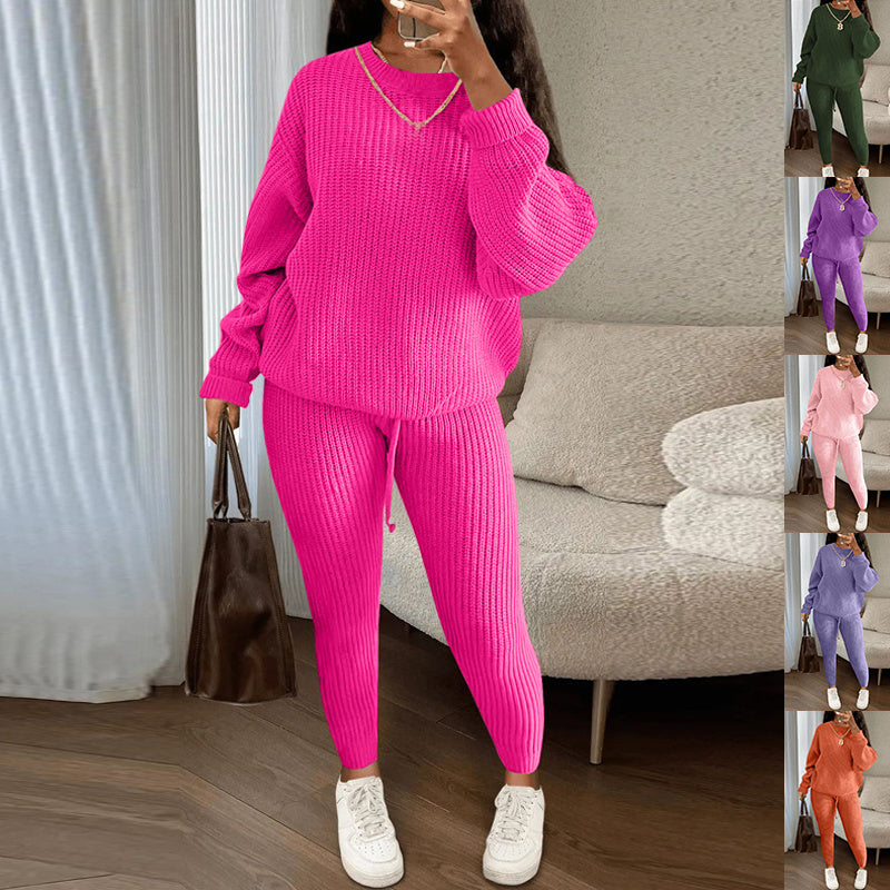 Winter Ribbed Knit Suits Fashion Loose Pullover Sweater Top And Drawstring Pants For Women Trouser Set Clothing by My Store