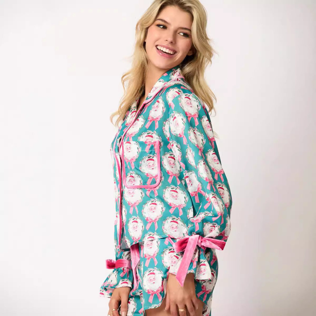 2 Pcs Women's Christmas Pajama Set Santa Tree Print Lapel Neck Button-up Long Sleeve Tops Shorts Loungewear Outfit by My Store