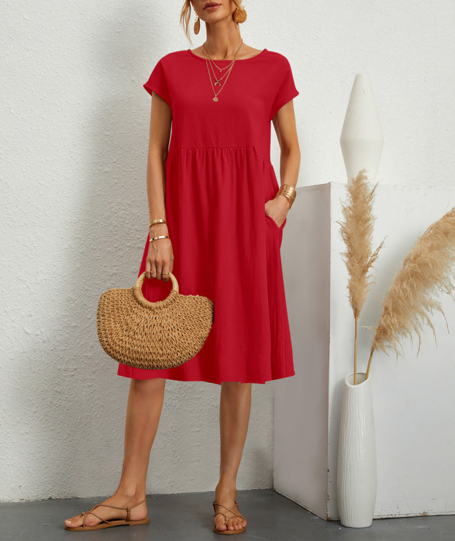 Summer Short-sleeved Dress With Pockets Fashion Solid Round Neck A-line Dresses For Women Clothing by DERILUJA LLC