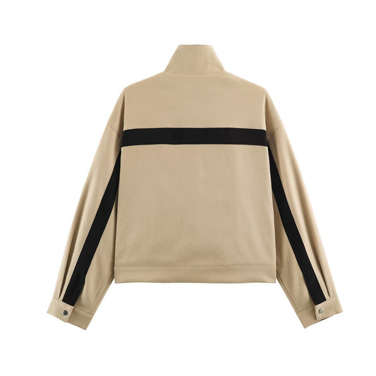 Letter embroidery contrasting color casual sports stand up collar long sleeved jacket by eprolo