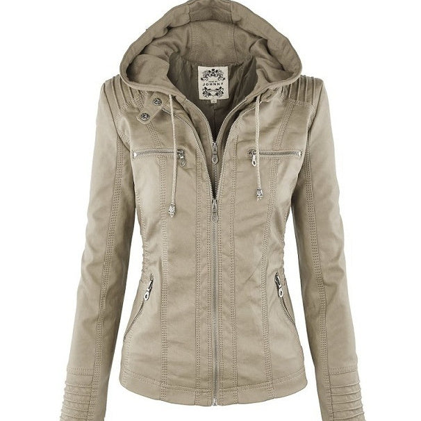 Women's Detachable Lapel Long Sleeve Solid Color Zipper Leather Jacket Coat by My Store