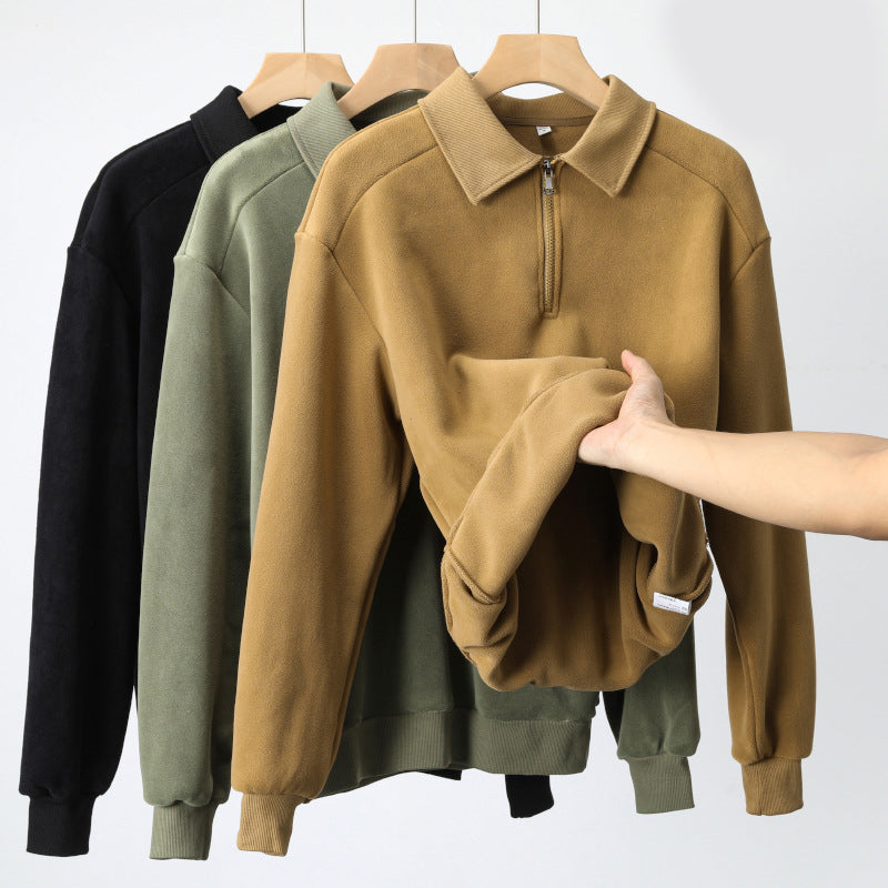 Fashion Lapel Half-zip Sweatshirt Winter Warm Fleece Long Sleeve Top Men's Clothing by DERILUJA LLC