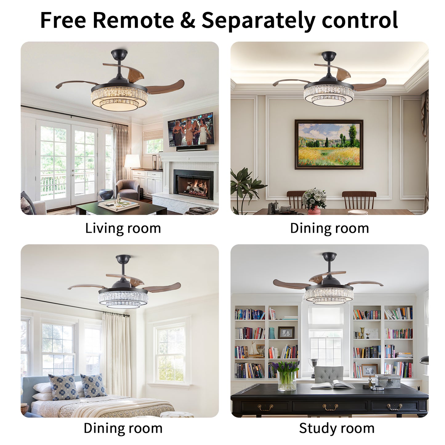 Modern LED retractable ceiling fan with lighting and remote control, silent reversible motor, 4-blade modern ceiling fan by eprolo
