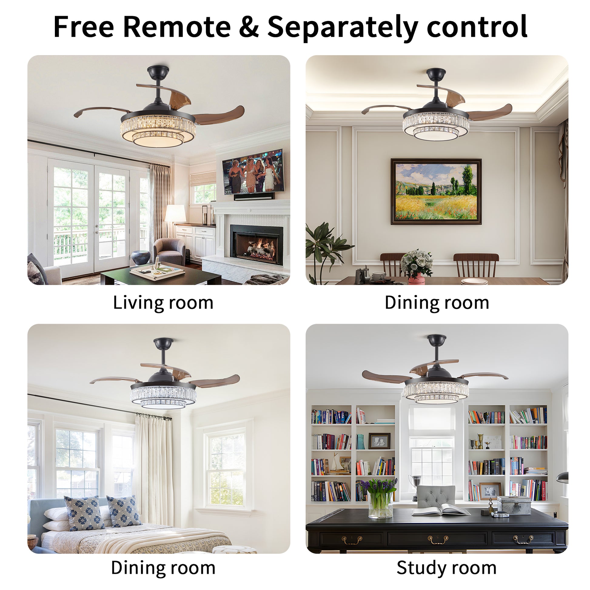Modern LED retractable ceiling fan with lighting and remote control, silent reversible motor, 4-blade modern ceiling fan by eprolo
