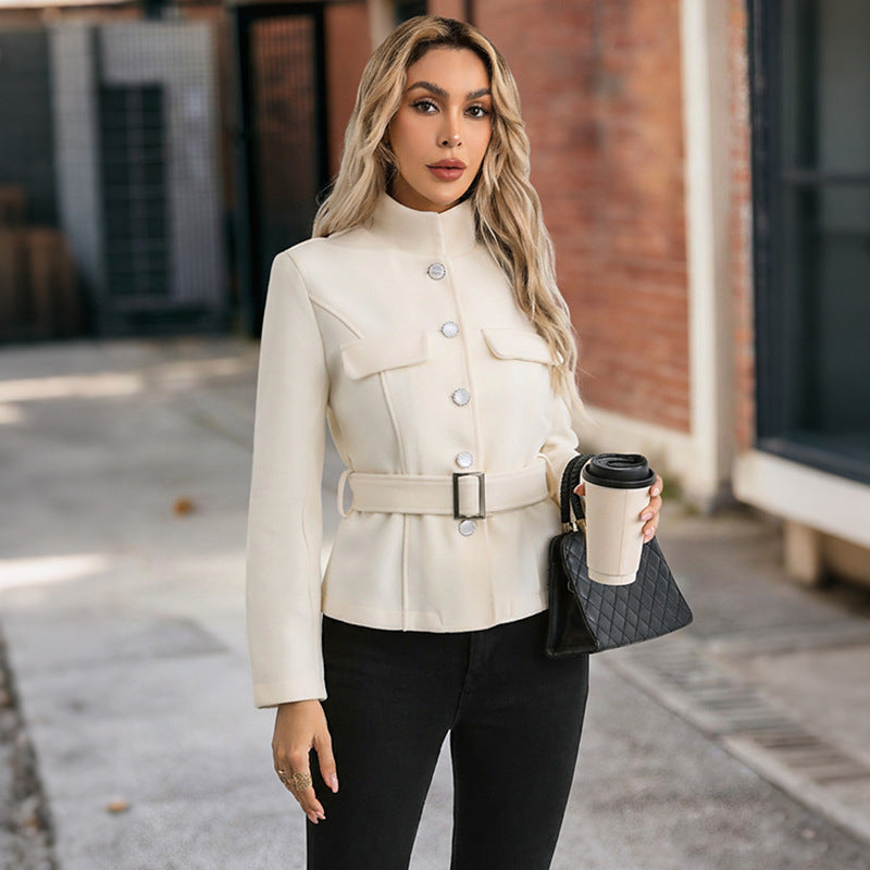 Elegant commuting style with lace up stand up collar solid color woolen coat by eprolo
