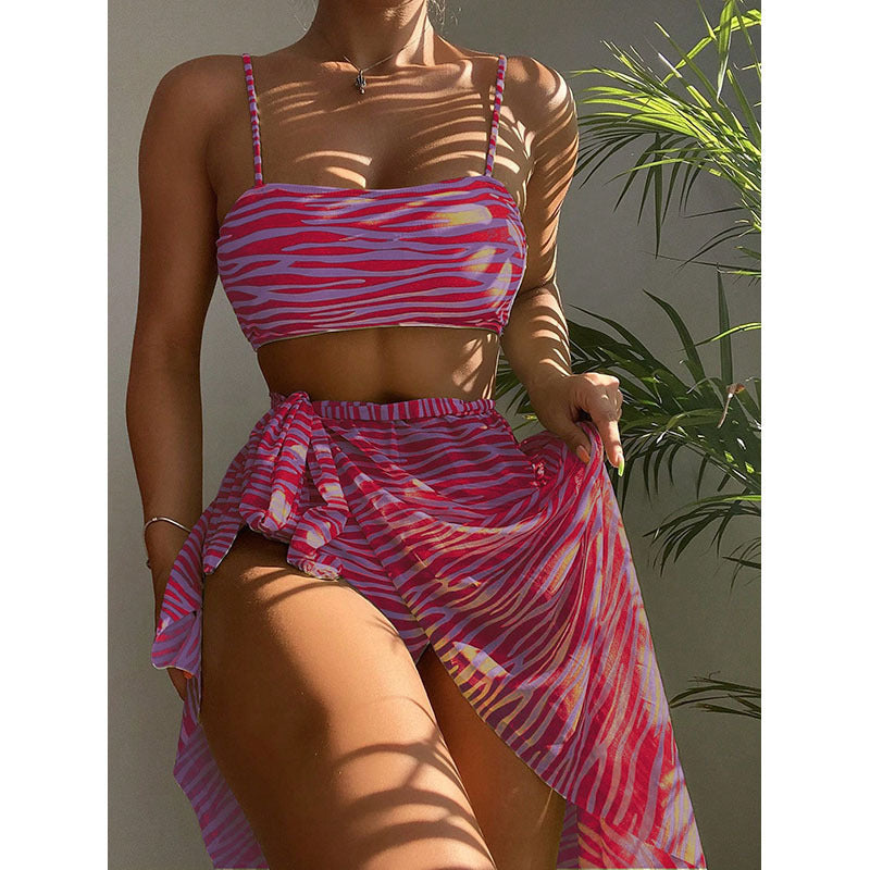 Sexy Striped Bikini Three-Piece Swimwear Set with Beach Dress by eprolo