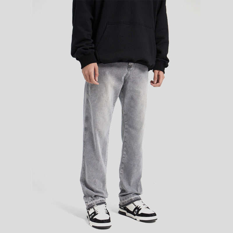 High-Quality Washed Light Gray Distressed Solid Color Denim Jeans with Raw Hem, Basic Casual Long Pants by eprolo