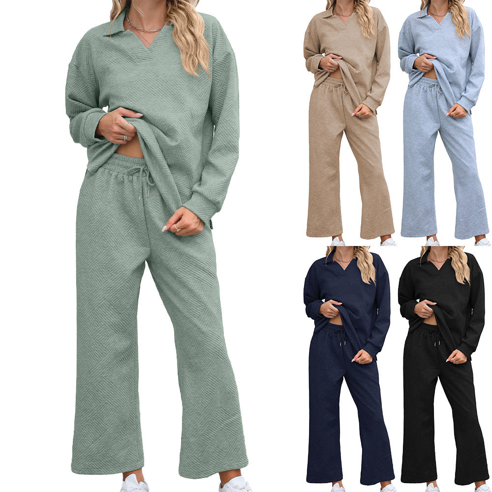 Solid Color Turn-down Collar Long Sleeve Hoodie with Elastic Waist Pants Set by eprolo