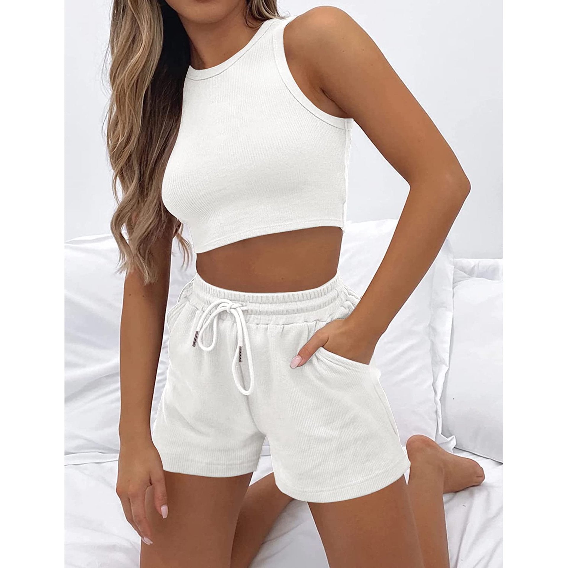 Casual Solid Color Sleeveless Waffle Knit Short Crop Top 2-Piece Set Women's Fashion Outfit