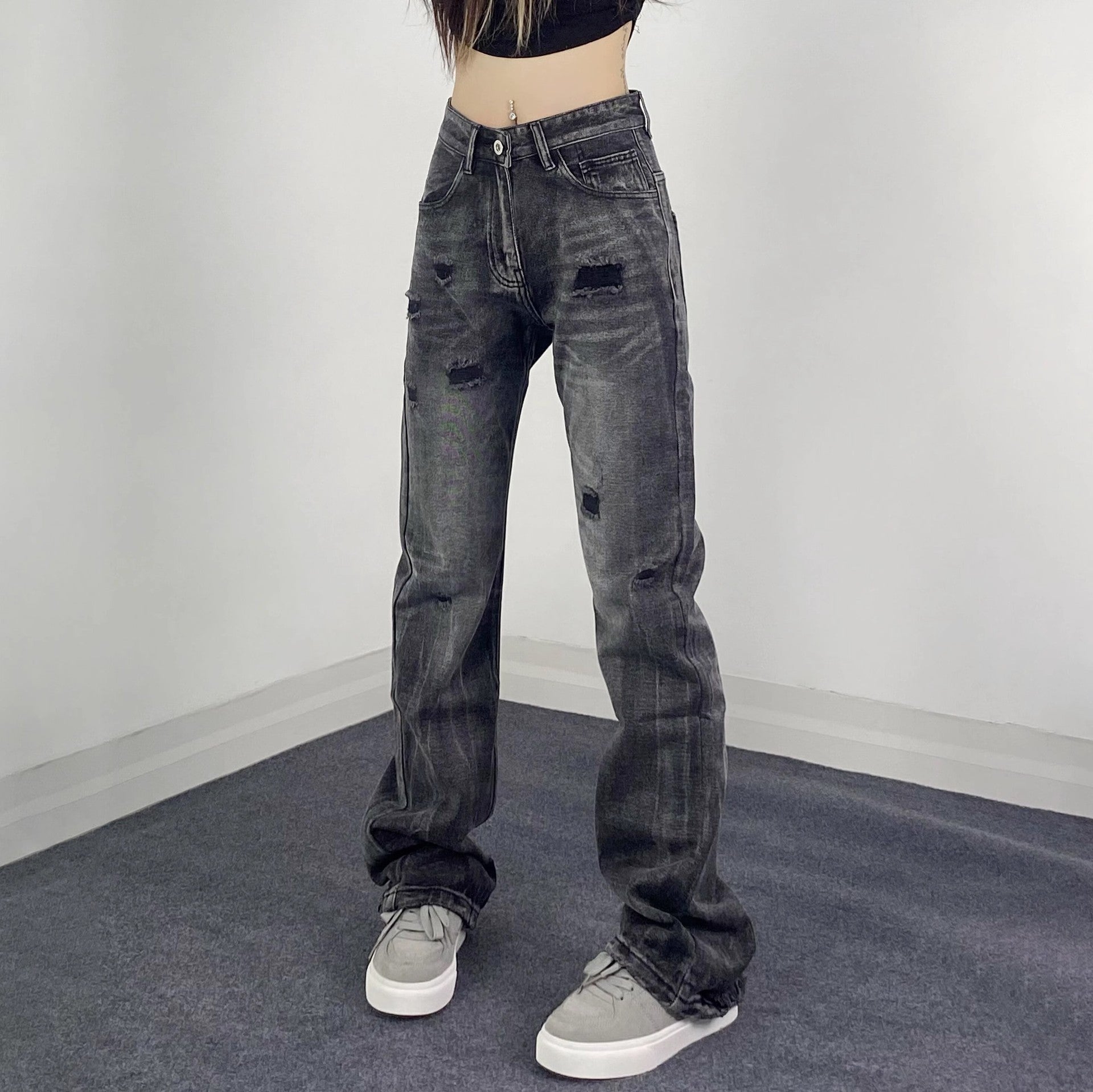 Street Style Retro Ripped Jeans for Women,INS Retro Fitted Slimming Flared Casual Pants by eprolo
