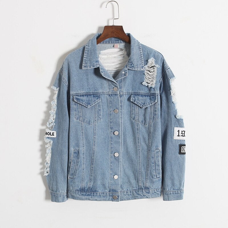 Vintage  Wash Water Distrressed Denim Jacket Embroidery Letter Loose Back Applique BF Denim Coat