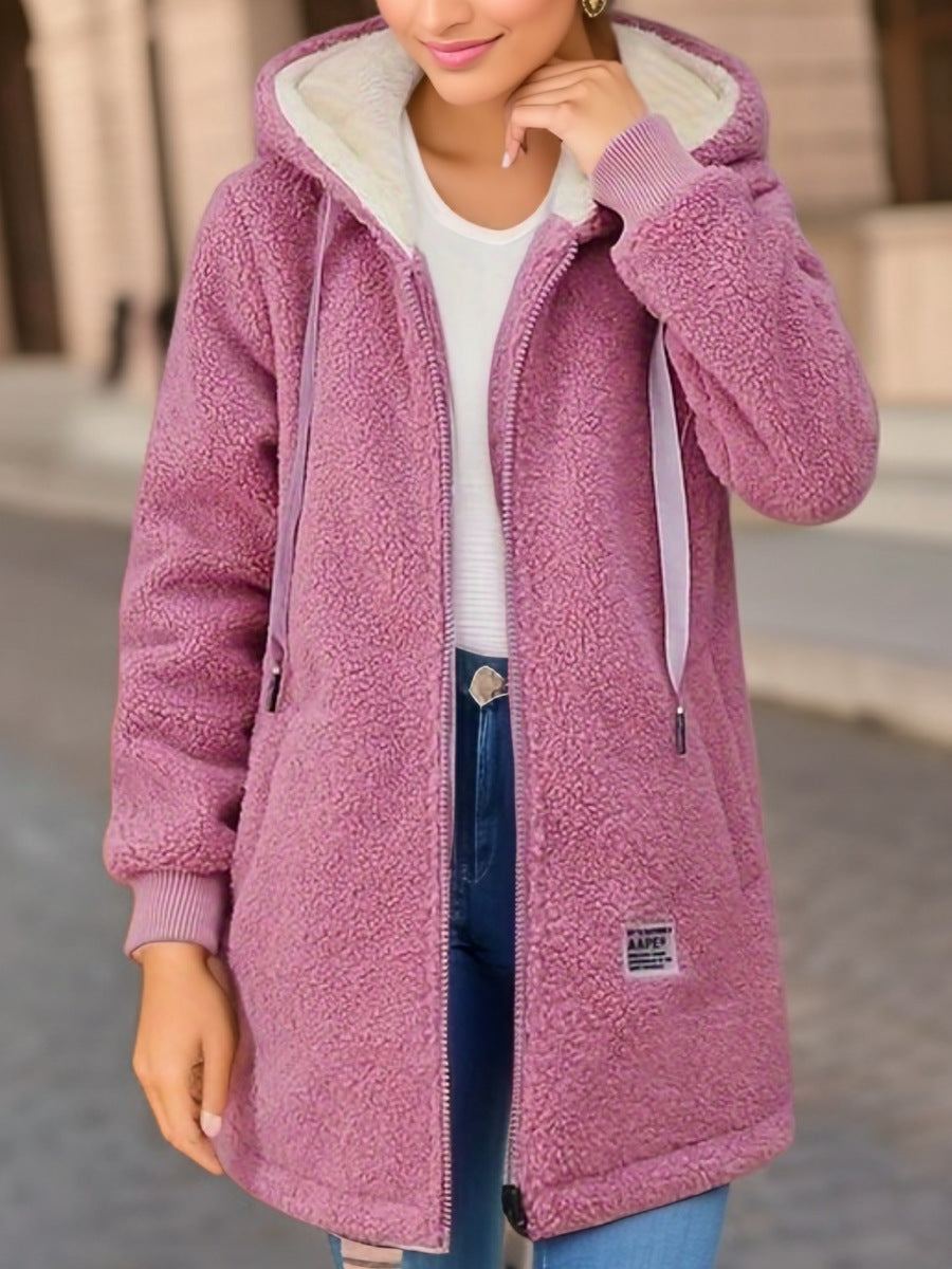 Winter Fleece Hooded Jacket Fashion Casual Zip-up Pockets Long Sweatshirt Warm Commuter Women's Clothing by My Store