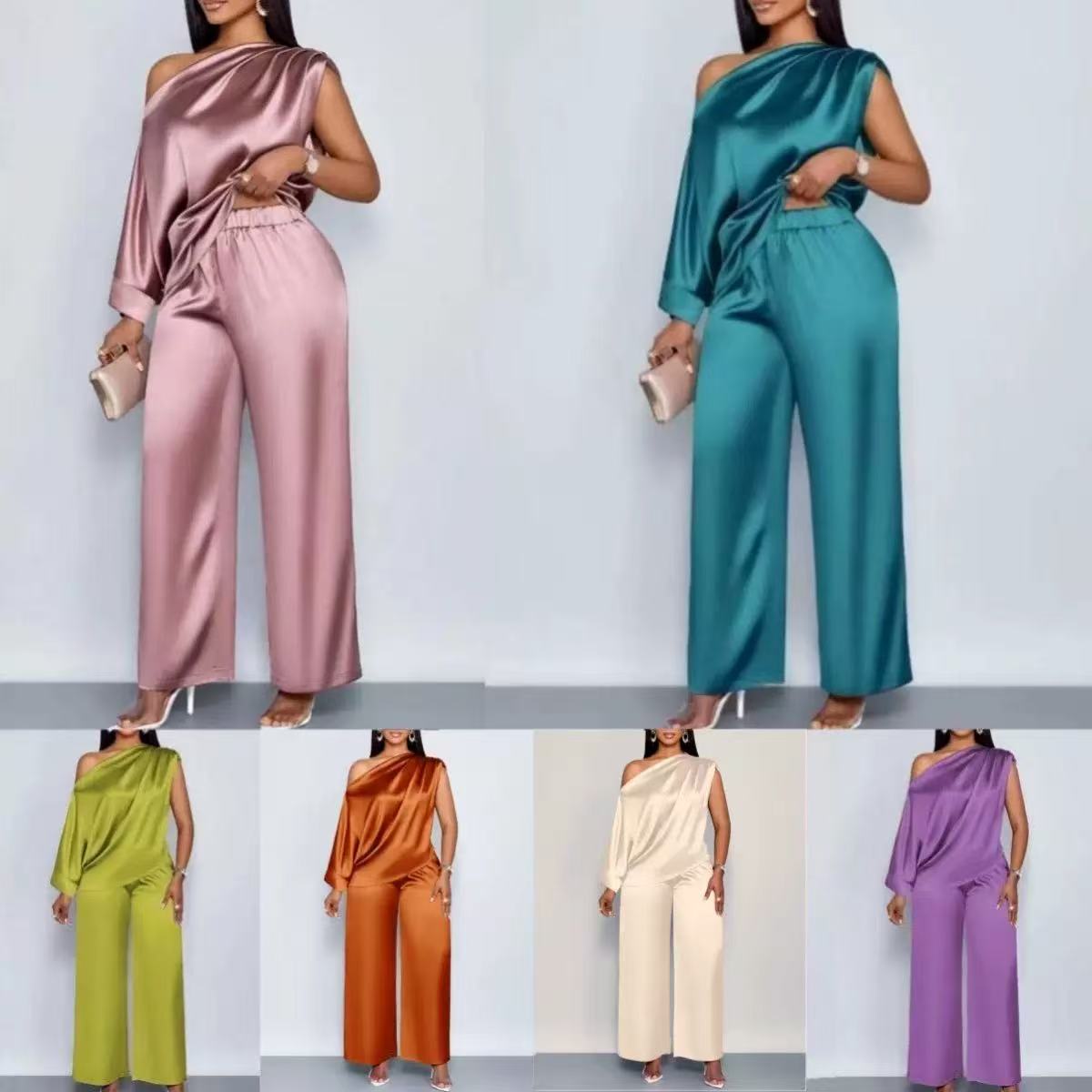 Long-sleeved Suit Off-shoulder Pullover Shirt Top And Loose Straight-leg Trousers Women's Clothing by DERILUJA LLC