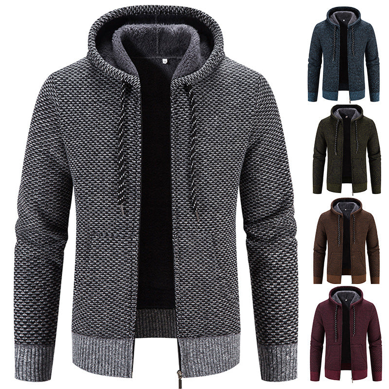 Winter Coat Zipper Closure Solid Color Long Sleeves Drawstring With Hat Keep Warm Casual Thicken Plush Sweater Coat For Daily by DERILUJA LLC