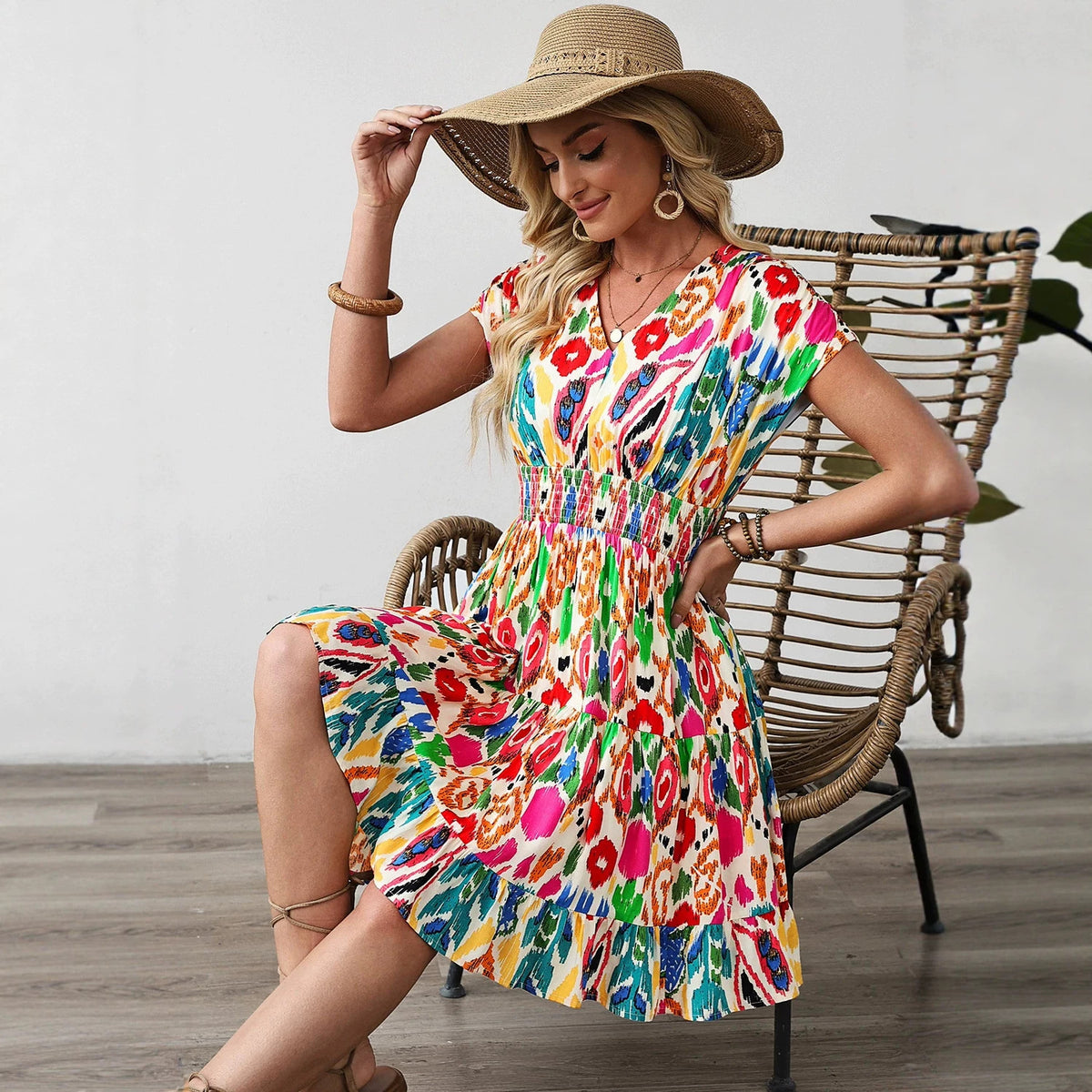 Printed French-Style Elegant V-Neck Dress by DERILUJA LLC