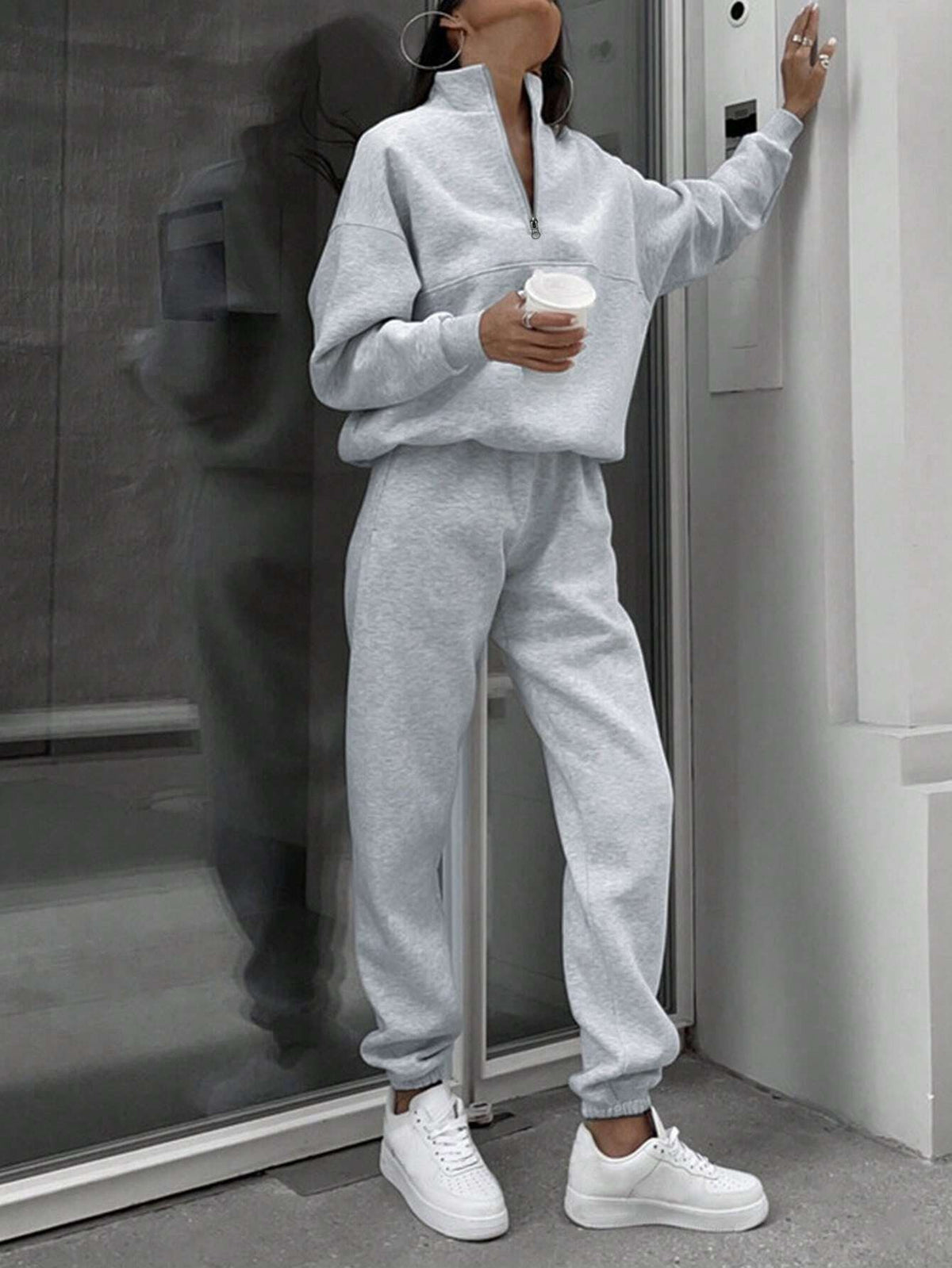 Long-sleeved Sports Sweatshirt Suit Fashion Stand-up Collar Zip-up Top And Elastic Band Trousers With Pocket Srping Fall Clothing For Women by DERILUJA LLC