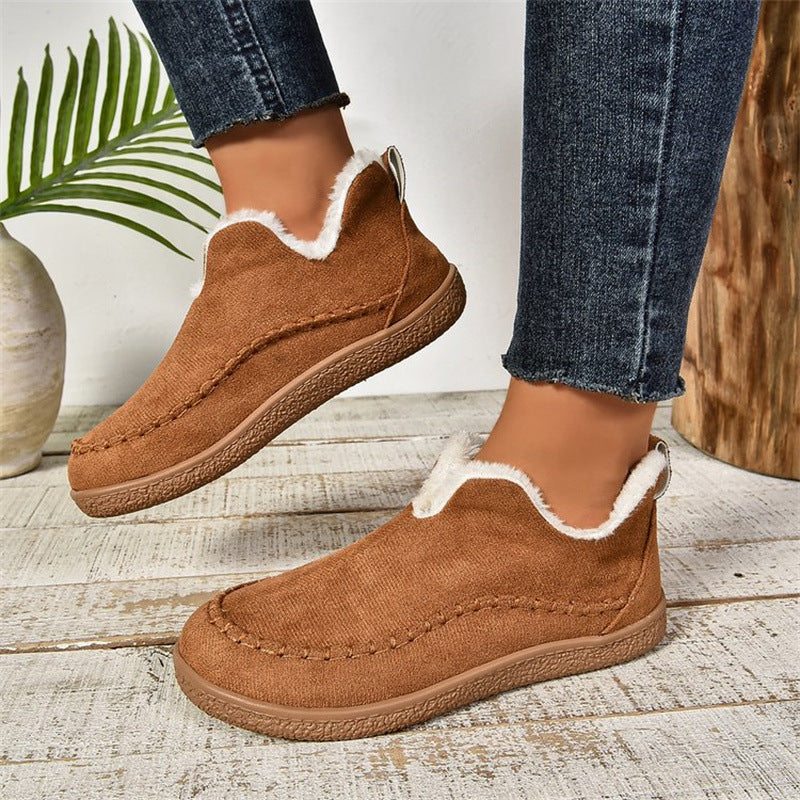 Fashion V-cut Plush Ankle Boots Winter Plus Velvet Flat Snow Boot Casual Warm Solid Suede Cotton Shoes For Women by DERILUJA LLC
