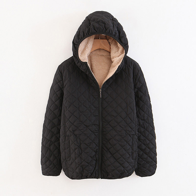 Women's Short Casual Padded Lamb Fleece Jacket by DERILUJA LLC