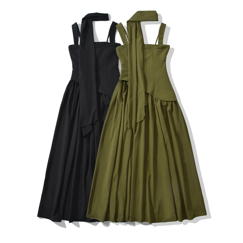 Elegant Olive Green Maxi Dress For Women Summer Flowy Long Dress With Scarf Birthday Party Beach Graduation Dress by DERILUJA LLC
