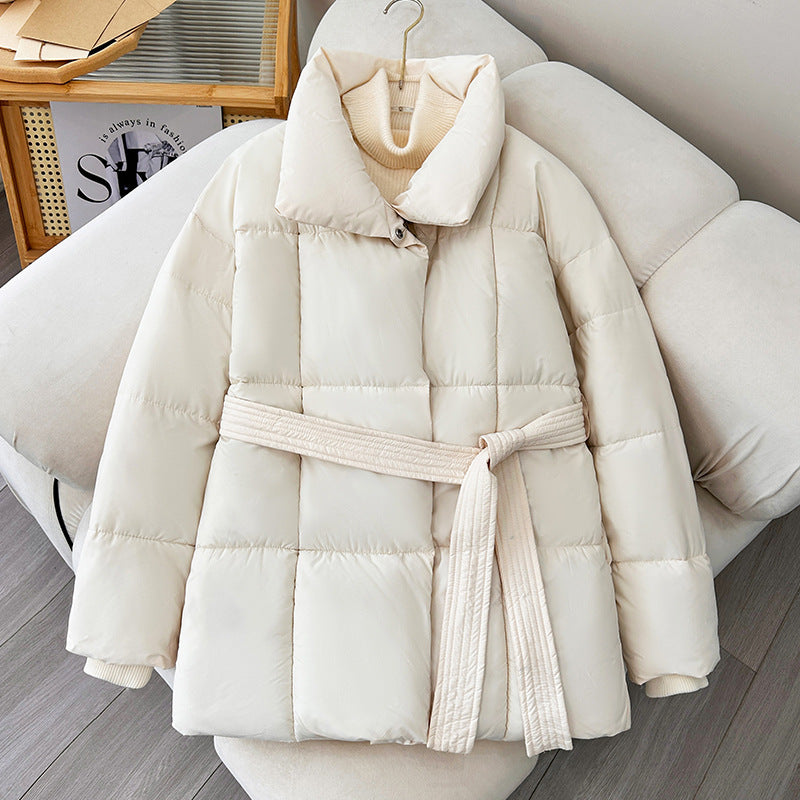 Winter Thick Stand Collar Parkas Women Fashion Tie Waist Short Coats Elegant New Solid Puffer Jackets Female Ladies Streetwear by eprolo