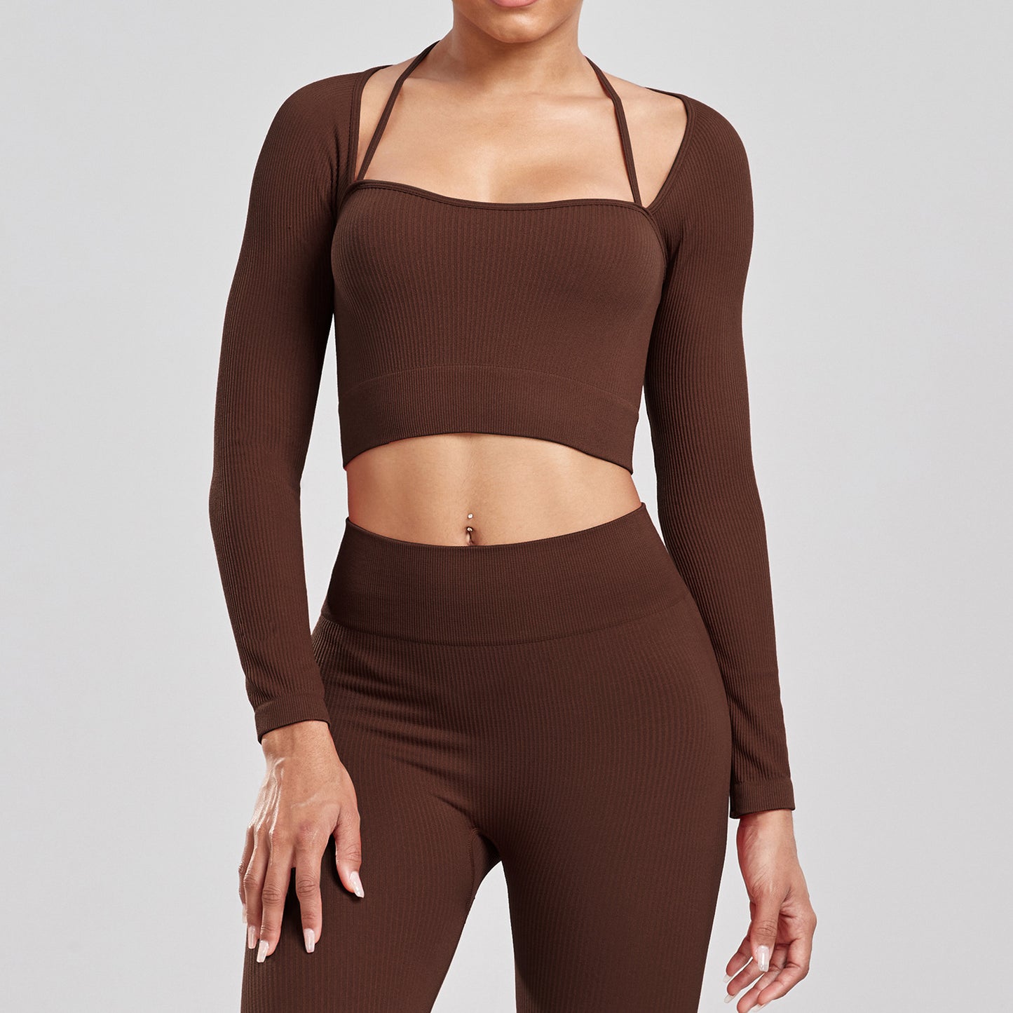 Sports Running Seamless Ribbed Long Sleeve Yoga Fitness Set, Bodycon High-Waisted Backless T-Shirt, Quick-Dry Workout Apparel by eprolo