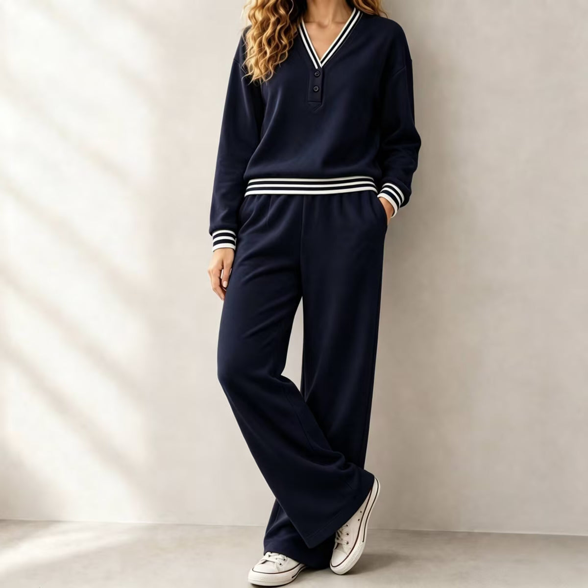 Womens V-neck Striped Sweatshirt And Wide-leg Pants Casual Lounge Set by DERILUJA LLC