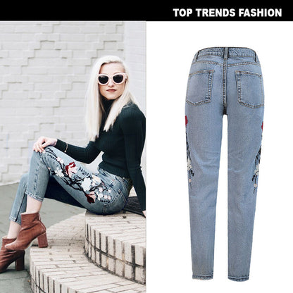 Slim Women's BF High Waist Embroidered Washed Straight Pants Nine Points Jeans