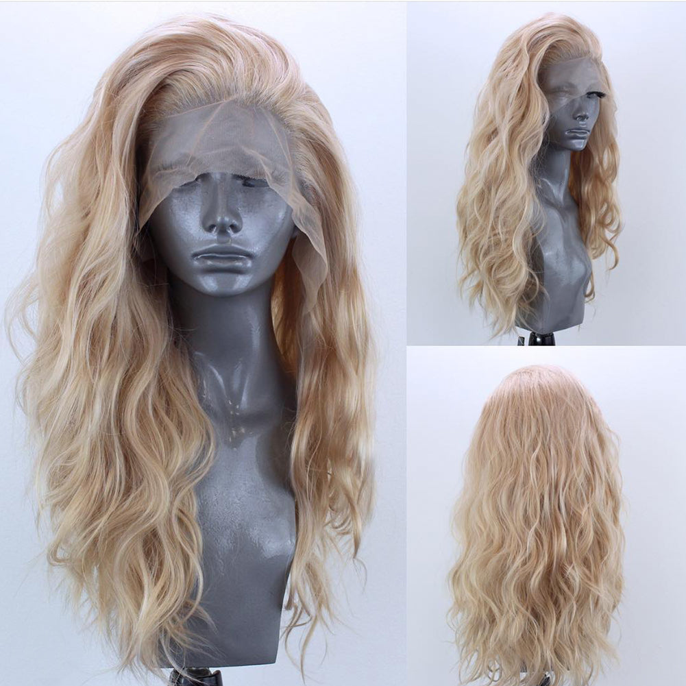 13*2.5 Linen Color Synthetic Fiber Front Lace Wig Head Cover Natural Hairline Ladies Wig