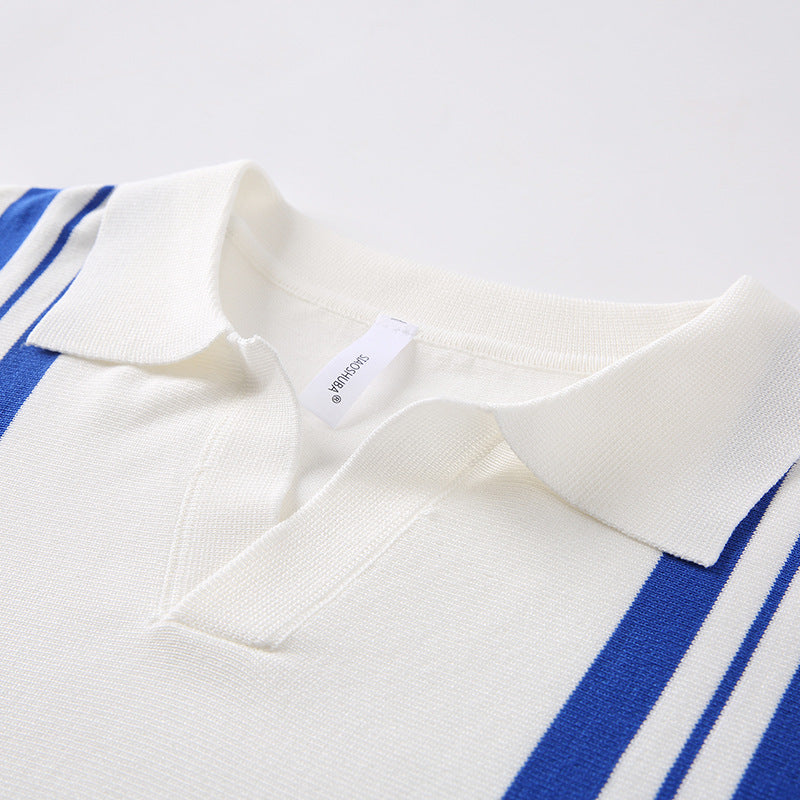 Icy-cool Striped Knitted Short-sleeve Mens Top by DERILUJA LLC
