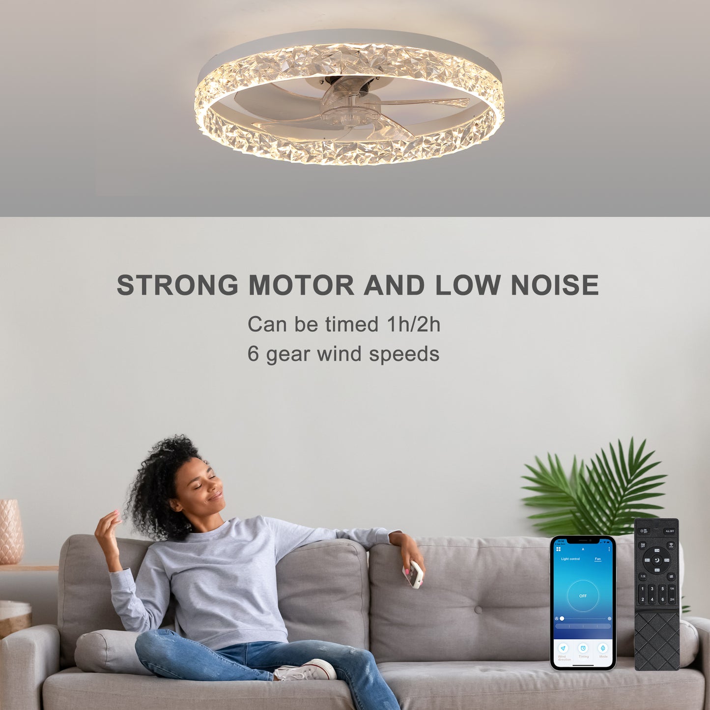 Modern acrylic ceiling fan light with remote control, dimmable LED pendant light, 6-speed adjustable, silent motor by eprolo