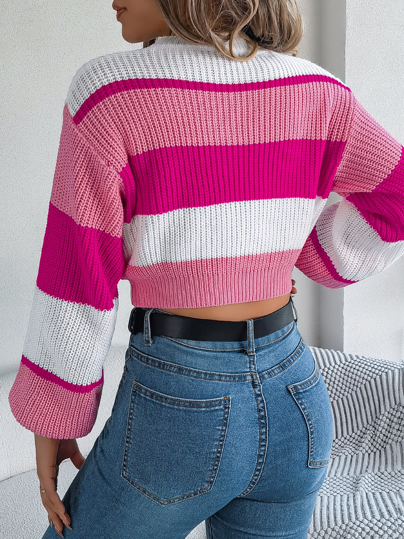 Women Casual Color Block Lantern Sleeve Cropped Pullover Sweater by DERILUJA LLC