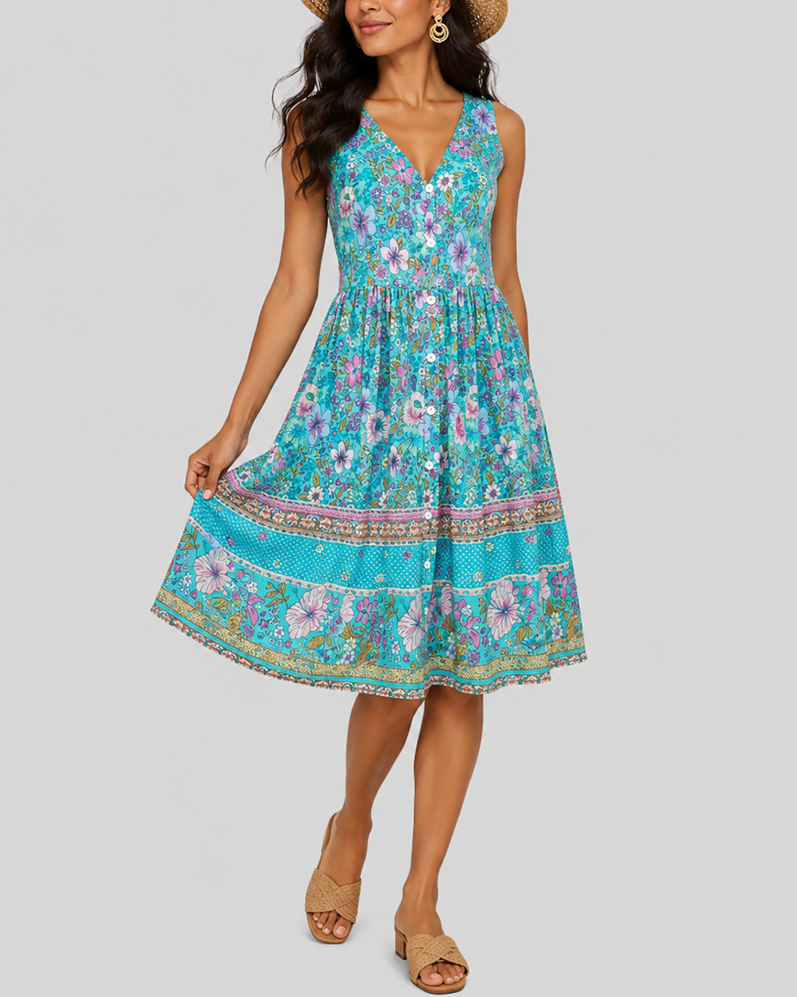 Women's Fashion Ethnic Style Blue Printed V-Neck Open Front Sleeveless Dress by eprolo