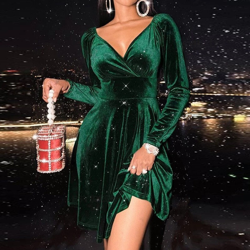 Autumn Festival Christmas Long Sleeve V-neck Dress by Badon Shop LLC