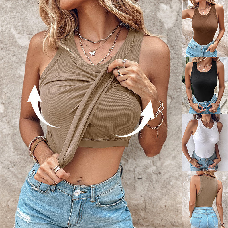 Ins Round Neck Vest With Bra Summer Solid Color Bottom Sleeveless Top Womens Clothing by DERILUJA LLC