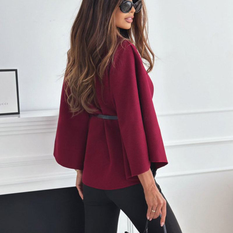 Stand Collar Batwing Sleeves Cloak Top With Belt Ins Fashion Temperament Jacket Woolen Sweater Outwear For Women Clothing by DERILUJA LLC