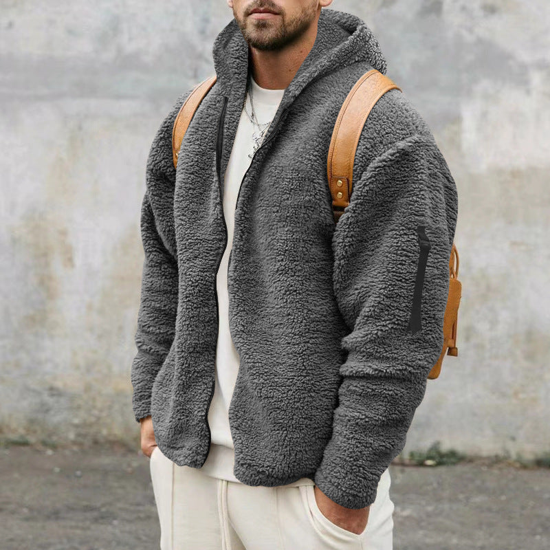 Plush Hooded Jacket Men's Autumn And Winter Fleece Double-sided Wear Warm Coat With Zipper Loose Casual Jacket Outdoor Clothing by DERILUJA LLC