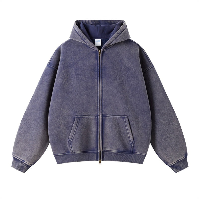 Solid color distressed fleece hoodie loose and versatile washed zipper sweatshirt for men by eprolo