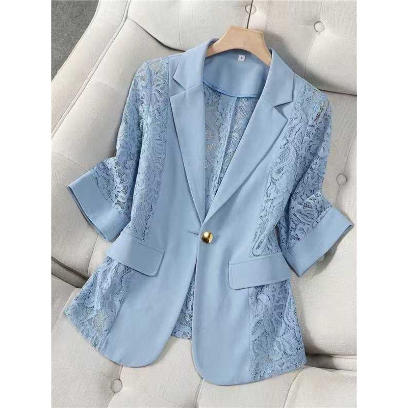 Solid color lace patchwork small suit jacket for women's top by eprolo
