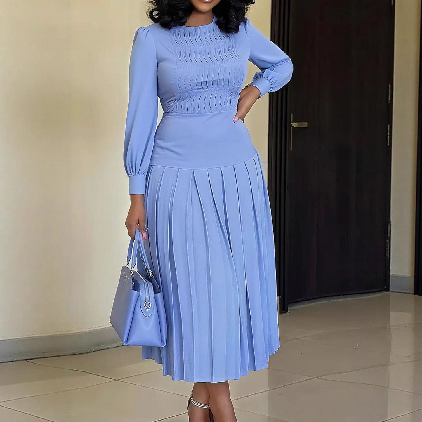 Fashionable Long-Sleeve Solid-Color Dress For Women by DERILUJA LLC