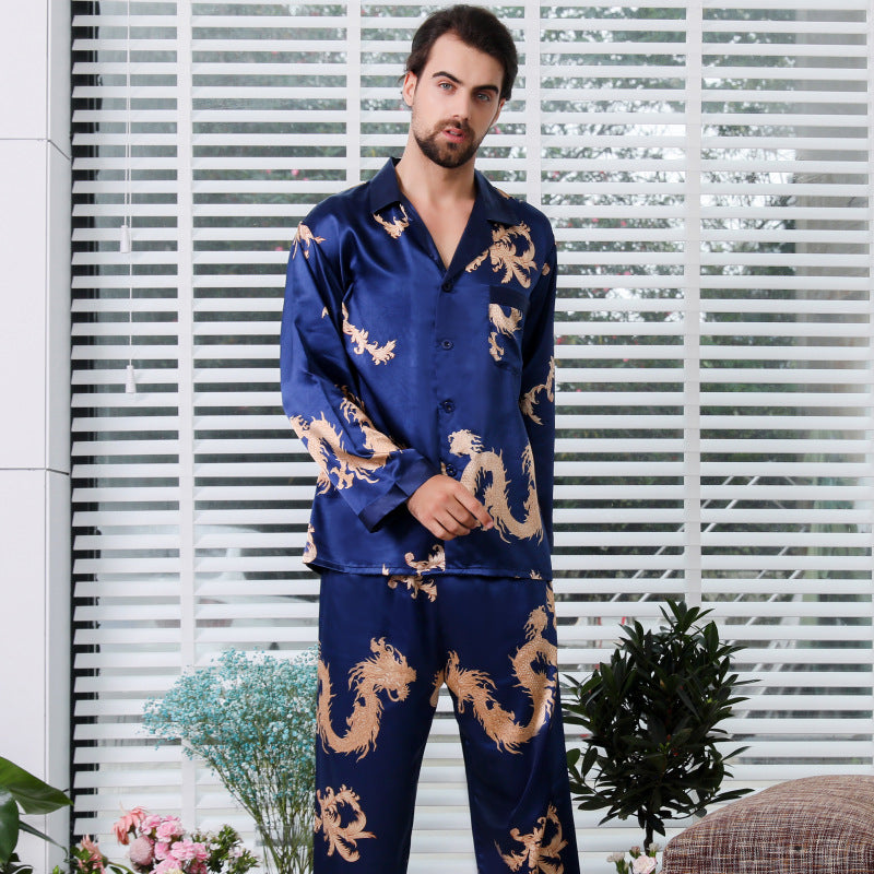 Simulated silk couple sleepwear new long sleeved set men's and women's V-neck silk printed dragon and phoenix home clothes by eprolo