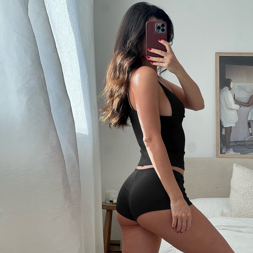 Autumn Winter New Women's Deep V-Neck Strap Sleepwear Solid Color Low Waist Shorts Home Wear Set